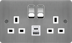 WFSS82BSW-USBSAC DP Switched Socket 13A 2G USB A+C ports Brushed Steel White Flat