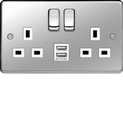 WRSS82PSW-USBS 13A 2 Gang Double Pole Switched Socket c/w Twin USB Ports Polished Steel White