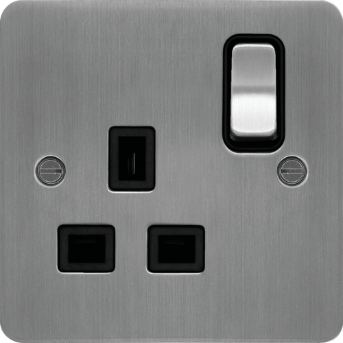 WFSS81BSB 13A 1 Gang Double Pole Switched Socket Brushed Steel Black Insert