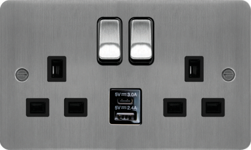 WFSS82BSB-USBSAC DP Switched Socket 13A 2G USB A+C ports Brushed Steel Black Flat