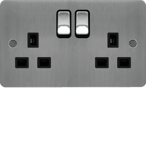 WFSS82BSB 13A 2 Gang Double Pole Switched Socket Brushed Steel Black Insert