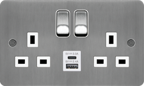 WFSS82BSW-USBSAC DP Switched Socket 13A 2G USB A+C ports Brushed Steel White Flat
