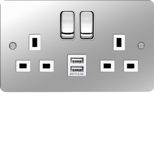 WFSS82PSW-USBS 13A 2 Gang Double Pole Switched Socket c/w Twin USB Ports Polished Steel White