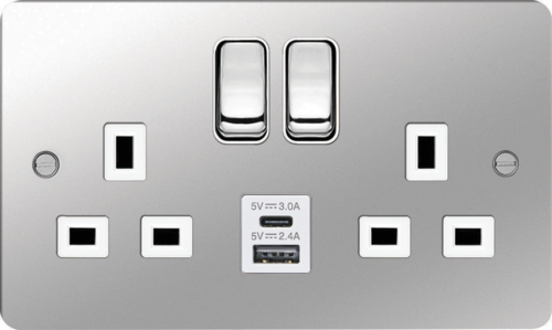 WFSS82PSW-USBSAC DP Switched Socket 13A 2G USB A+C ports Polished Steel White Flat