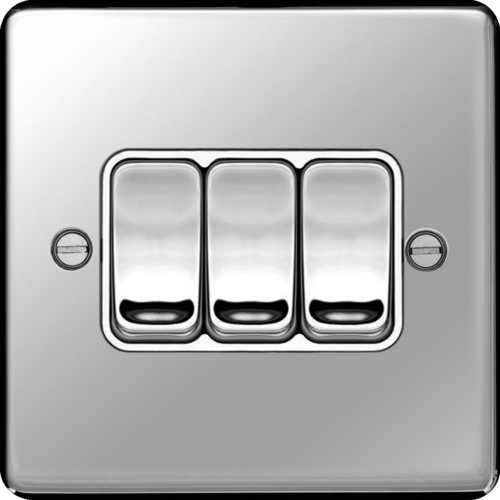 WRPS32PSW 10AX 3 Gang 2 Way Wall Switch Polished Steel White Insert