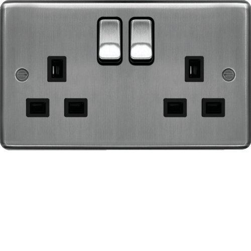 WRSS82BSB 13A 2 Gang Double Pole Switched Socket Brushed Steel Black Insert