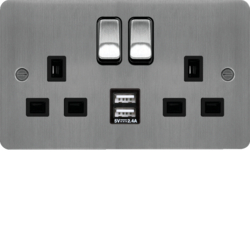 WFSS82BSB-USBS 13A 2 Gang Double Pole Switched Socket c/w Twin USB Ports Brushed Steel Black sh