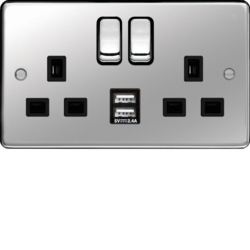 WRSS82PSB-USBS 13A 2 Gang Double Pole Switched Socket c/w Twin USB Ports Polished Steel Black