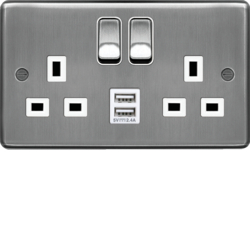 WRSS82BSW-USBS 13A 2 Gang Double Pole Switched Socket c/w Twin USB Ports Brushed Steel White