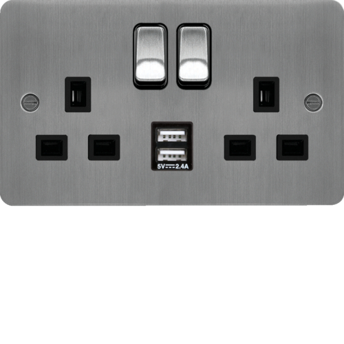 WFSS82BSB-USBS 13A 2 Gang Double Pole Switched Socket c/w Twin USB Ports Brushed Steel Black sh