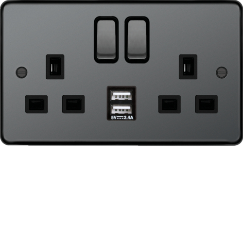 WRSS82BNB-USBS 13A 2 Gang Double Pole Switched Socket c/w Twin USB Ports Black Nickel Black
