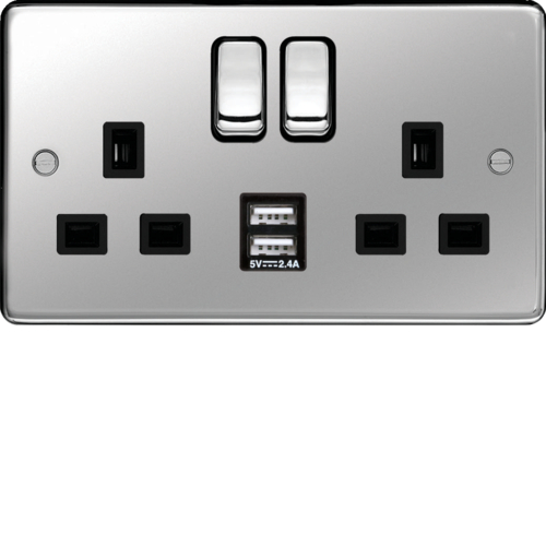 WRSS82PSB-USBS 13A 2 Gang Double Pole Switched Socket c/w Twin USB Ports Polished Steel Black