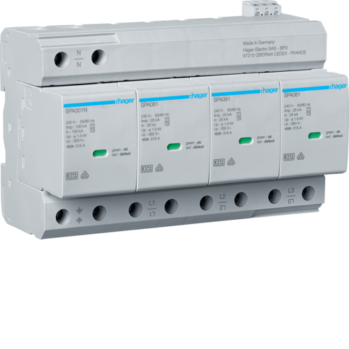 SPA801 Combined SPD T1+T2 4P Uc 350V Iimp 25kA Up 1.5kV TNS/TT  with remote contact