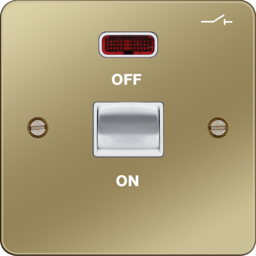 WFDP50NPBW 50A Double Pole Switch 1 Gang with LED Indicator Polished Brass White Insert