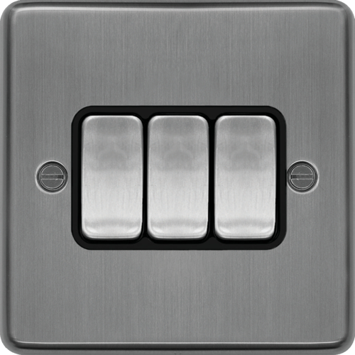 WRPS32BSB 10AX 3 Gang 2 Way Wall Switch Brushed Steel Black Insert