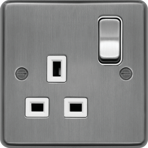 WRSS81BSW 13A 1 Gang Double Pole Switched Socket Brushed Steel White Insert