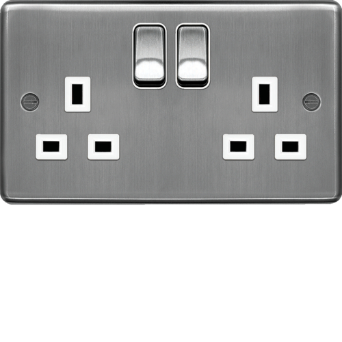 WRSS82BSW 13A 2 Gang Double Pole Switched Socket Brushed Steel White Insert
